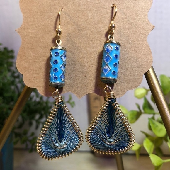 Peruvian Thread Art Earrings Blue and Golden - Picture 1 of 5